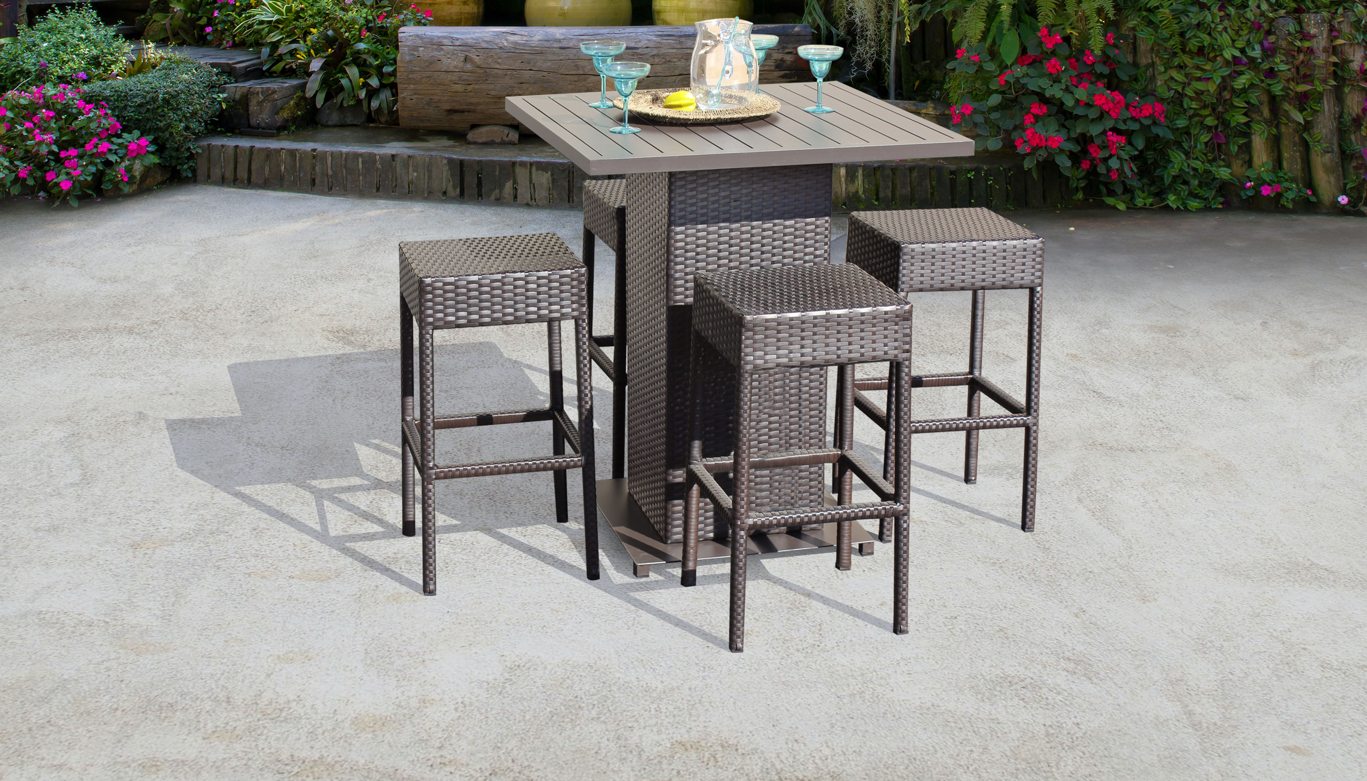 Espresso TK Classics WITHBACK-4 Barbados Pub Table Set with Barstools 5 Piece Outdoor Wicker Patio Bar Furniture 