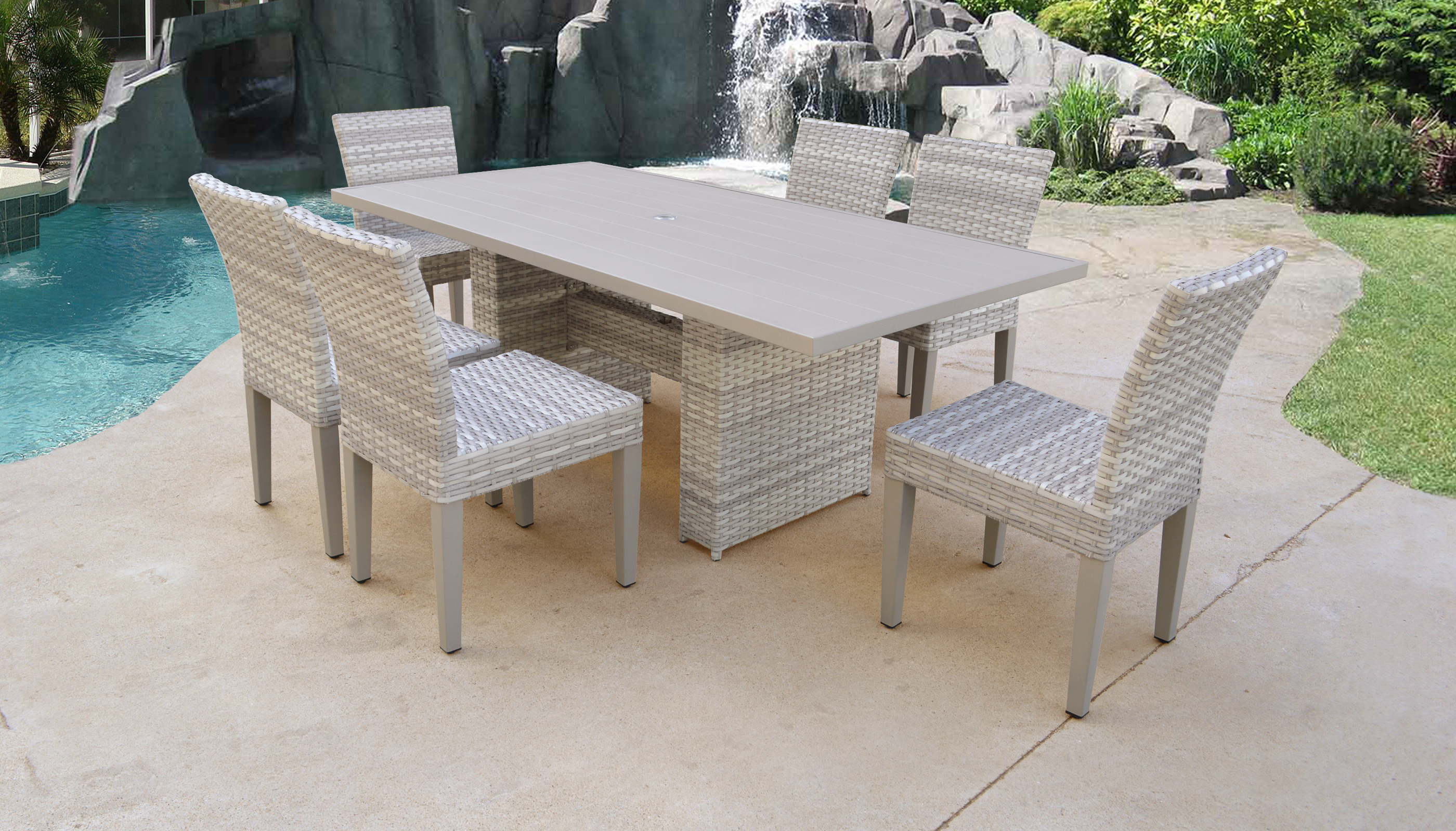 fairmont rectangular outdoor patio dining table with 6 armless chairs