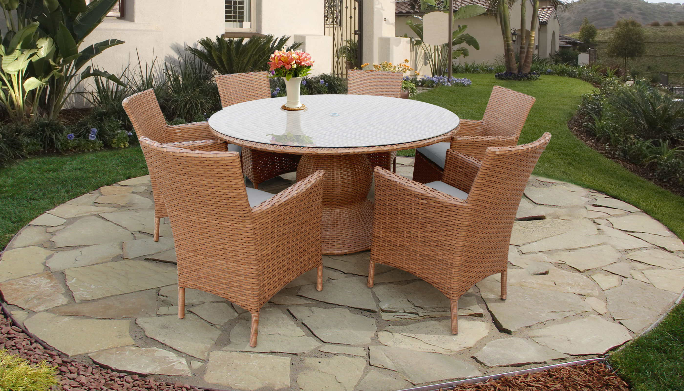 Laguna 60 Inch Outdoor Patio Dining Table with 6 Chairs w/ Arms