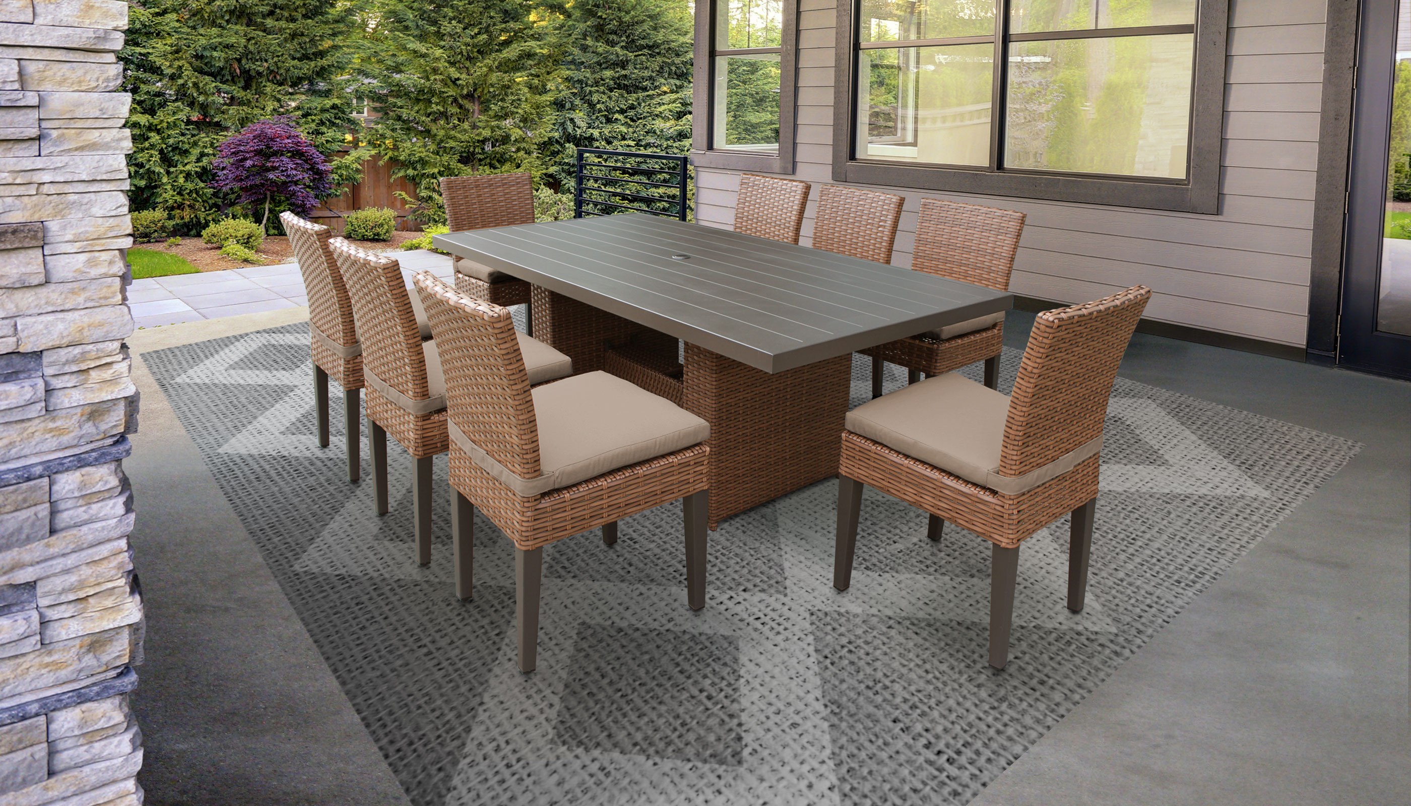 Laguna Rectangular Outdoor Patio Dining Table with 8 Armless Chairs