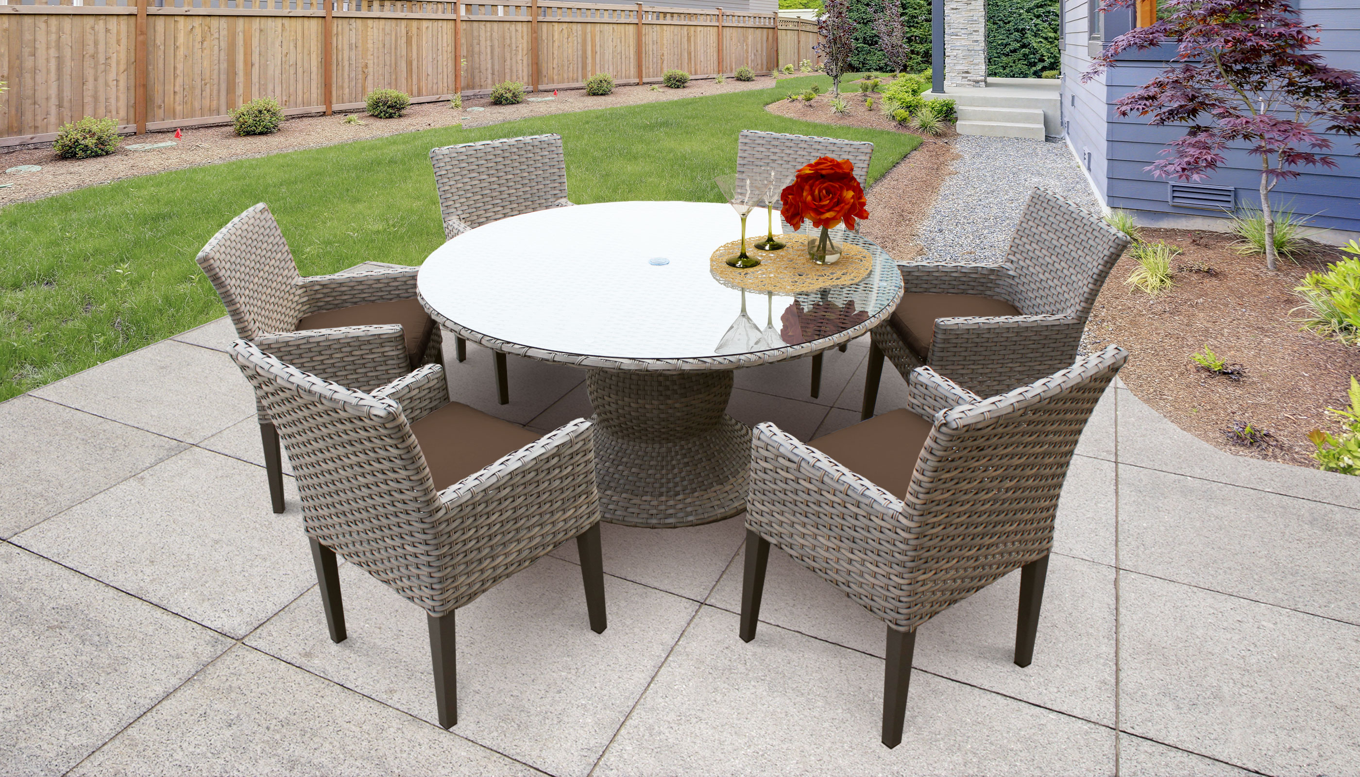 monterey 60 inch outdoor patio dining table with 6 chairs w/ arms