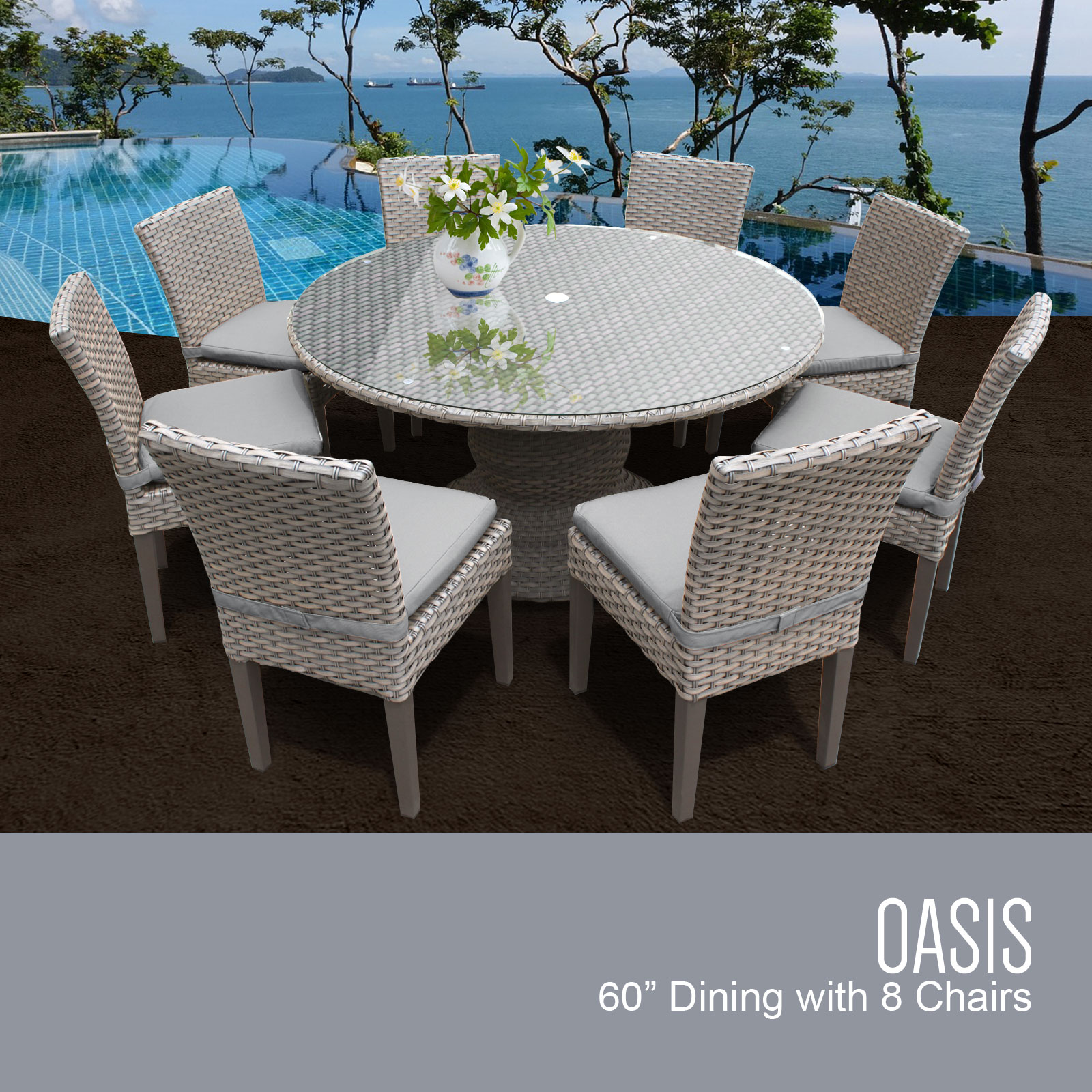 Oasis 60 Inch Outdoor Patio Dining Table with 8 Armless Chairs