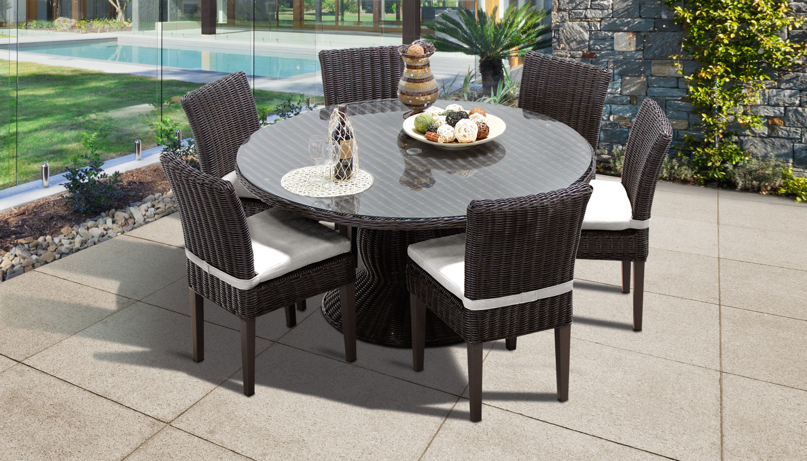 venice 60 inch outdoor patio dining table with 6 armless chairs