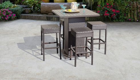Barbados Pub Table Set With Backless Barstools 5 Piece Outdoor Wicker Patio Furniture - TK Classics