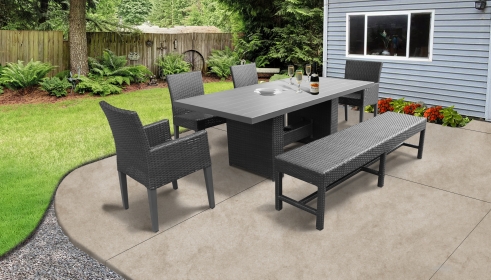 Belle Rectangular Outdoor Patio Dining Table with 2 Armless Chairs 2 Chairs w/ Arms and 1 Bench - TK Classics