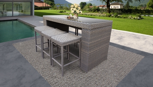 Florence Bar Table Set With Backless Barstools 7 Piece Outdoor Wicker Patio Furniture - TK Classics
