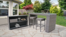Monterey Bar Table Set with Cart, Basket, and 2 Backless Barstools 5 Piece Outdoor Wicker Patio Furniture - TK Classics